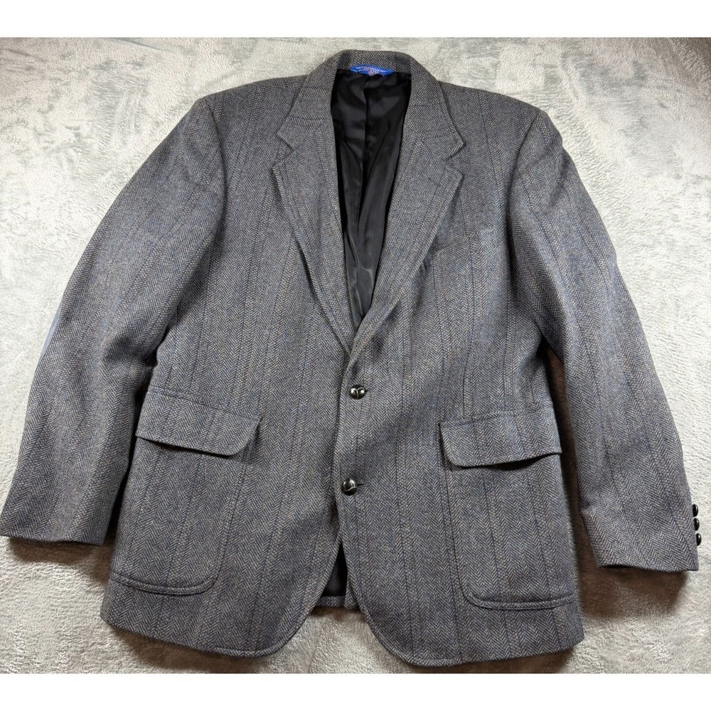 Vtg Pendleton Blazer Mens 42 Gray Herringbone Wool Sport Coat Elbow Patch